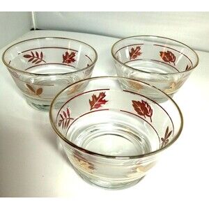 Vintage Libbey Golden Foliage Leaf Gold Rim Frosted Glass Dessert Bowls Set Of 3